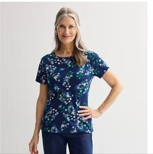 Croft & Barrow Essential Crewneck TeeColor: Indigo Multi Floral Size: LARGE EUC